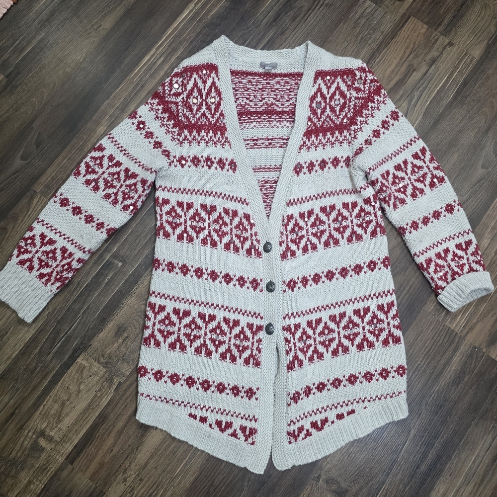 Nordic Fair Isle Cardigan Sweater L Metal Sequence Red holiday Yak Wool festive